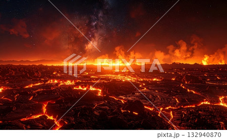 Fiery sunset flames illuminate the dark forest smoke and glowing orange-red sky with abstract burning heat energy Fiery sunset flames illuminate the dark forest smoke and glowing orange-red sky with abstract burning heat energy 132940870