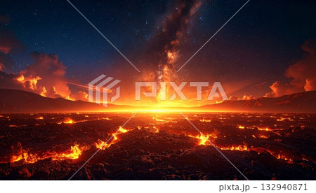 Fiery sunset flames illuminate the dark forest smoke and glowing orange-red sky with abstract burning heat energy Fiery sunset flames illuminate the dark forest smoke and glowing orange-red sky with abstract burning heat energy 132940871