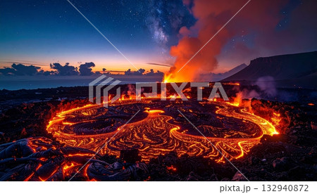 Fiery sunset flames illuminate the dark forest smoke and glowing orange-red sky with abstract burning heat energy 132940872