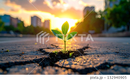 Vibrant green life sprouts from the earth as new leaves unfurl in a sunny city park garden 132940905