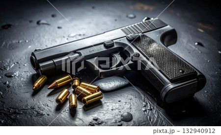 Black pistol handgun and 9mm bullets on a white background for military, police, or crime themes Black pistol handgun and 9mm bullets on a white background for military, police, or crime themes 132940912