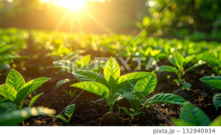Sunlit green foliage and fresh grass in the lush summer forest, a vibrant scene of nature and life 132940934