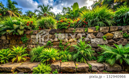 Old stone steps and path winding through a summer European garden landscape with trees and ancient architecture Old stone steps and path winding through a summer European garden landscape with trees and ancient architecture 132940966