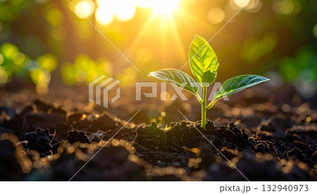 Young green seedling sprouting from the dirt in both soil and snow captures the essence of new life and resilient nature Young green seedling sprouting from the dirt in both soil and snow captures the essence of new life and resilient nature 132940973
