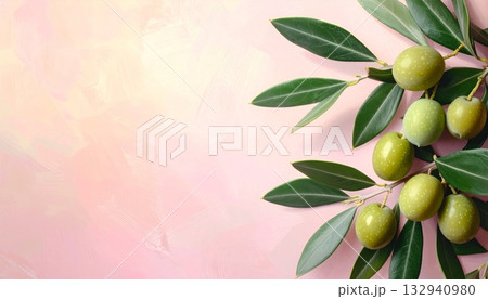 Fresh green olives on an organic olive tree branch with leaves, a healthy Mediterranean fruit 132940980