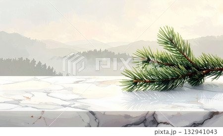 A festive Christmas fir tree covered in snow and frost, showing pine branches and green nature during the cold winter holiday season 132941043