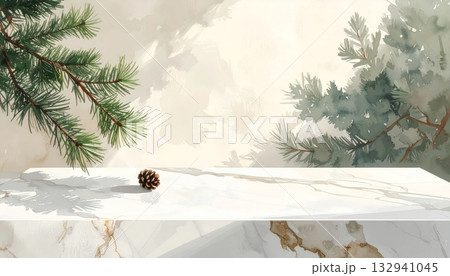 A festive Christmas fir tree covered in snow and frost, showing pine branches and green nature during the cold winter holiday season 132941045