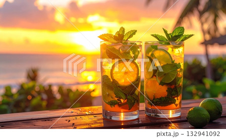 Refreshing summer mojito cocktail with lime, mint, and ice in a glass on a white sand beach Refreshing summer mojito cocktail with lime, mint, and ice in a glass on a white sand beach 132941092