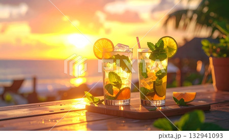 Refreshing summer mojito cocktail with lime, mint, and ice in a glass on a white sand beach Refreshing summer mojito cocktail with lime, mint, and ice in a glass on a white sand beach 132941093
