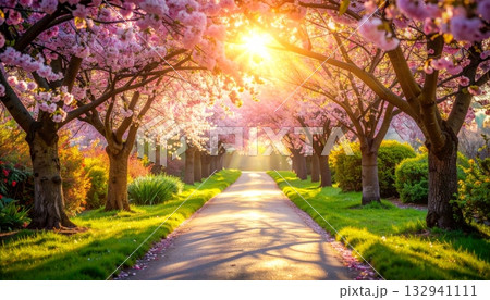 Autumn park landscape with scenic path under a canopy of yellow and green foliage 132941111