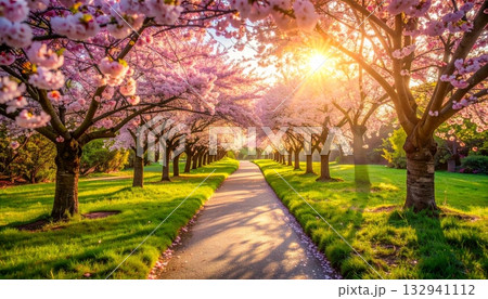 Autumn park landscape with scenic path under a canopy of yellow and green foliage 132941112