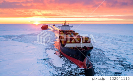 Nautical fishing vessels sail the ocean near the coast for commercial transport and summer industry, under the marine sky 132941116
