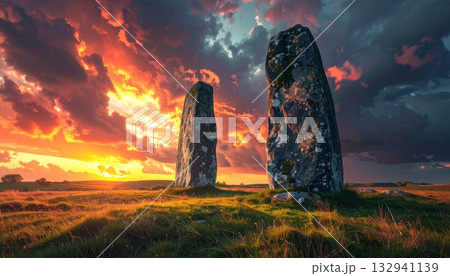 Beautiful red and orange sunset landscape in the mountains, field, or forest with dramatic colorful clouds across the evening sky Beautiful red and orange sunset landscape in the mountains, field, or forest with dramatic colorful clouds across the evening sky 132941139