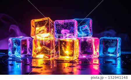 Shiny transparent ice cubes reflecting blue light on a dark background Shiny transparent ice cubes reflecting blue light on a dark background 132941148