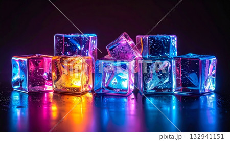 Shiny transparent ice cubes reflecting blue light on a dark background 132941151