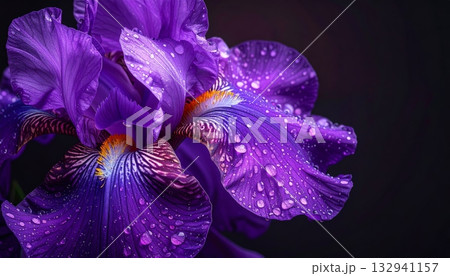 Close-up macro of a vibrant purple iris flower blossom in a spring garden Close-up macro of a vibrant purple iris flower blossom in a spring garden 132941157
