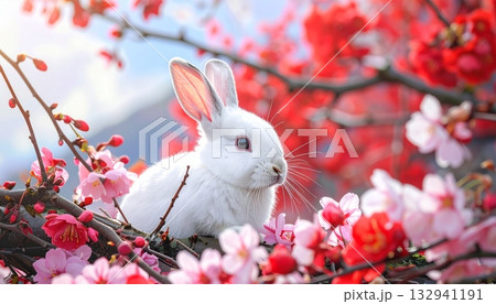 One cute small white fluffy domestic rabbit in an easter garden or nest 132941191