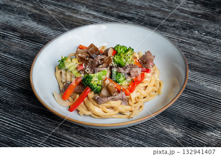 Top view of pasta with beef and broccoli. Top view of pasta with beef and broccoli. 132941407