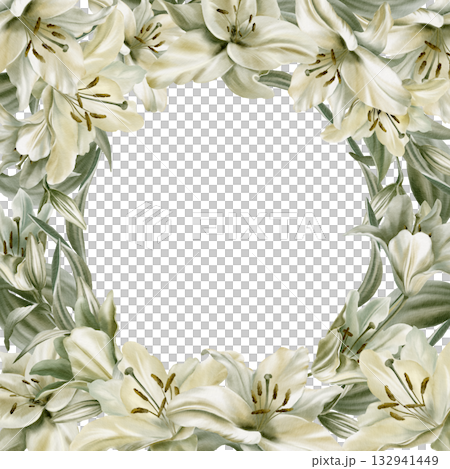 White lilies with leaves arranged in a round wreath base,symbolizing purity,innocence,communion and marriage.Hand drawn watercolor illustration for church ceremonies,advertisements White lilies with leaves arranged in a round wreath base,symbolizing purity,innocence,communion and marriage.Hand drawn watercolor illustration for church ceremonies,advertisements 132941449