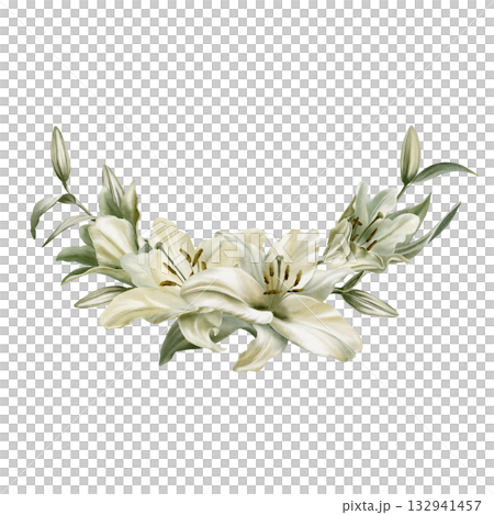 White lilies with leaves in cemicircular frame symbolizing purity,innocence,holiness communion.Hand drawn watercolor illustration for chapel ceremonies,advertisements White lilies with leaves in cemicircular frame symbolizing purity,innocence,holiness communion.Hand drawn watercolor illustration for chapel ceremonies,advertisements 132941457