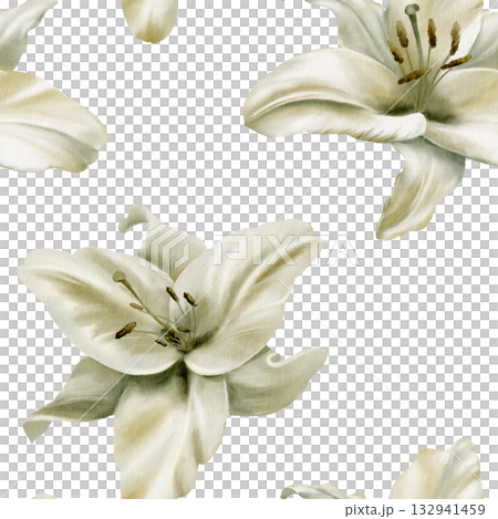 White lilies with leaves in seamless pattern,symbolizing purity,innocence,communion and marriage.Hand drawn watercolor illustration for chapel ceremonies,advertisements 132941459