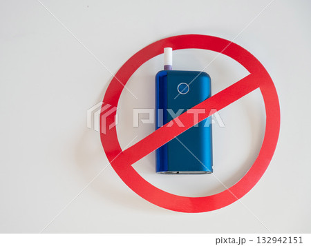 Prohibition sign on an electronic cigarette. Tobacco heating system. Prohibition sign on an electronic cigarette. Tobacco heating system. 132942151