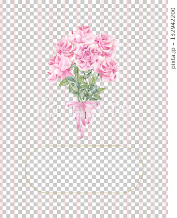 Rose bouquet tied with pink ribbon, bow on striped isolated background in delicate shades. Empty space template for text in golden frame. Botanical festive floral illustration greeting card Rose bouquet tied with pink ribbon, bow on striped isolated background in delicate shades. Empty space template for text in golden frame. Botanical festive floral illustration greeting card 132942200