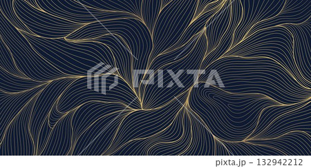 Vector golden floral leaf pattern, tropical and botanical elements with linear decorative details. Luxury backgrounds, wallpaper, invitations, vintage design templates 132942212