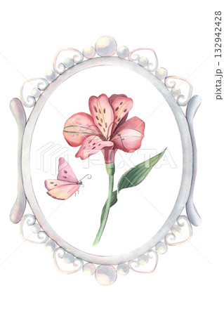 Vintage oval pearl frame with alstroemeria, butterfly. Hand-painted watercolor illustration isolated on white for invitations, wedding cards, logos, prints, wall art, design, textile, posters Vintage oval pearl frame with alstroemeria, butterfly. Hand-painted watercolor illustration isolated on white for invitations, wedding cards, logos, prints, wall art, design, textile, posters 132942428