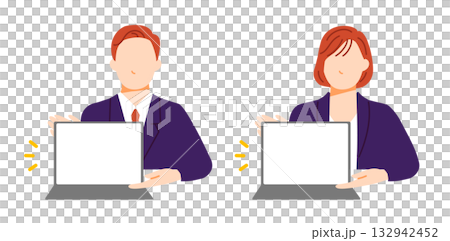Flat design illustration of a business scene where a person is showing a laptop screen and explaining something. Flat design illustration of a business scene where a person is showing a laptop screen and explaining something. 132942452