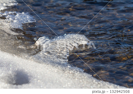 Winter shoreline shows melting snow and clear water revealing pebbles beneath on a sunny day 132942508