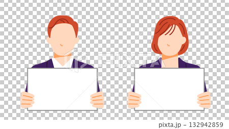 パネルを持つビジネスパーソンの男女のイラスト。フラットデザイン。 132942859