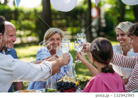 Multigenerational family toasting during outdoor barbecue party. Multigenerational family toasting during outdoor barbecue party. 132942995