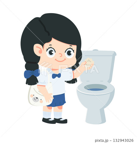 Illustration of Girl Throwing Trash in Toilet 132943026