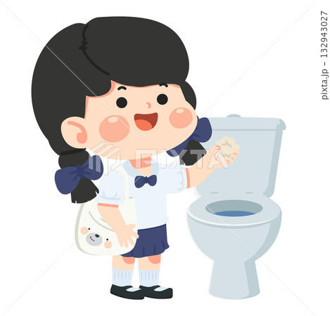 Illustration of Girl Throwing Trash in Toilet student Illustration of Girl Throwing Trash in Toilet student 132943027