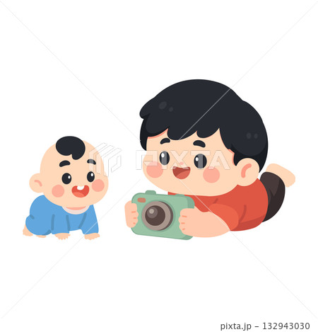 Cartoon Boy Taking Photo of Baby Illustration 132943030