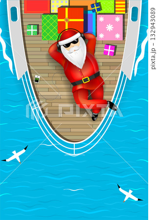 Santa Claus Relaxing on Yacht with Gifts at Sea 132943089