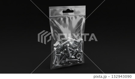 Transparent Packaging of Metal Bolts and Nuts on Black Background 132943090