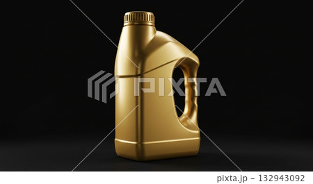 Golden motor oil bottle with handle, isolated on a black background, studio shot Golden motor oil bottle with handle, isolated on a black background, studio shot 132943092