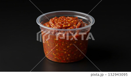 Spicy Chili Sauce in Plastic Container on Black Background, Close-Up Shot Spicy Chili Sauce in Plastic Container on Black Background, Close-Up Shot 132943095