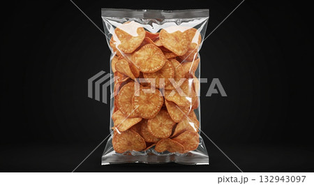 Transparent Bag of Crispy Cassava Chips on Black Background, Studio Shot 132943097