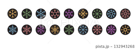 Chalk snowflake label set in black and pastel on round ornament. Package seal and lid icon as circle illustration. Christmas graphic for product package, decorative festive label design in pastel Chalk snowflake label set in black and pastel on round ornament. Package seal and lid icon as circle illustration. Christmas graphic for product package, decorative festive label design in pastel 132943268