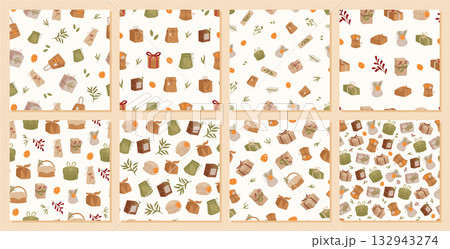 Vintage kraft eco gift box set seamless pattern. Christmas paper package with green present and box for stylish pattern background. Perfect holiday decor or craft print. Vintage kraft eco gift box set seamless pattern. Christmas paper package with green present and box for stylish pattern background. Perfect holiday decor or craft print. 132943274