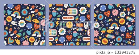 Groovy retro seamless sticker pattern set in colorful y2k style background. Mushroom, rainbow, smile, heart and collage elements add fun pop mood. Modern seamless pattern collection for any trendy 132943278