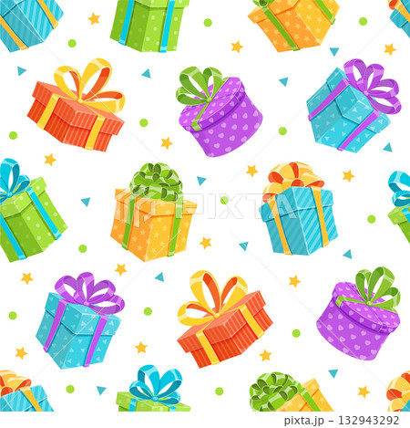 Gift boxes with ribbons and bows in a cartoon seamless pattern. Present and wrapping theme for birthday holiday. Perfect for cheerful wrapping festive background designs. 132943292