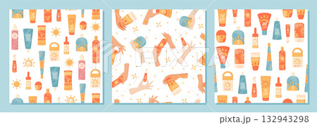 Flat seamless pattern of sunscreen bottle, stick and spray in tube shape. Sun cream with spf and lotion set, hand hold bottle product for skin care. Modern cosmetic collection for summer protection. 132943298