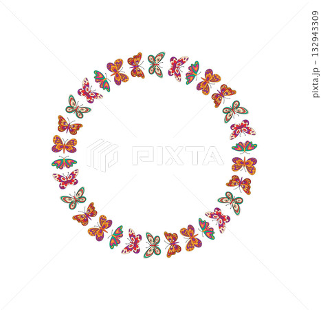 Groovy butterfly border in retro style and circle pattern. Colorful frame combines funky y2k shapes with a vibrant graphic. Playful and modern, ideal for nature or spring inspired themes. 132943309