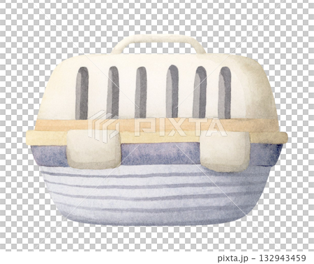 Cat carrier watercolor illustration isolated on white. Pet accessories clip art in pastel beige and purple gray colors. Domestic animals veterinary health care drawing for rescue and adoption concepts Cat carrier watercolor illustration isolated on white. Pet accessories clip art in pastel beige and purple gray colors. Domestic animals veterinary health care drawing for rescue and adoption concepts 132943459