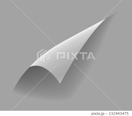 Curled paper corner. Curve page corner, page edge curl and bent paper sheet with realistic shadow. Paper corner fold isolated on white background 132943475