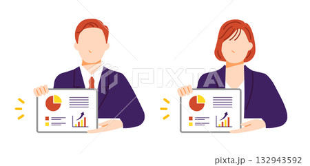タブレットの画面のグラフ資料を見せて説明をするビジネスパーソンのイラスト。フラットデザイン。 132943592